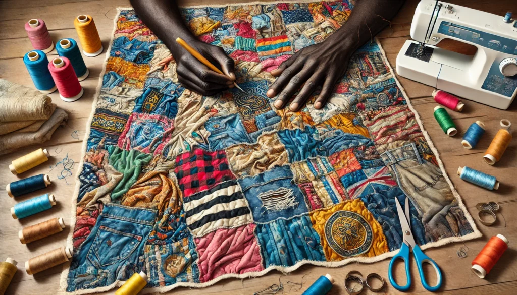 the hands of a Black person, illustrating the transformation of old clothing into a vibrant quilt in a creative workspace