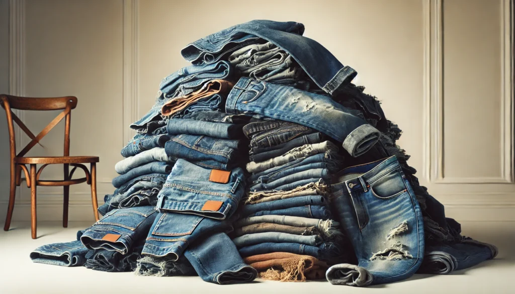 A large pile of old denim clothing, including jeans, jackets, and shirts in various shades of blue. The denim features different washes, textures, and signs of wear, such as fading and frayed edges, stacked casually against a neutral background.