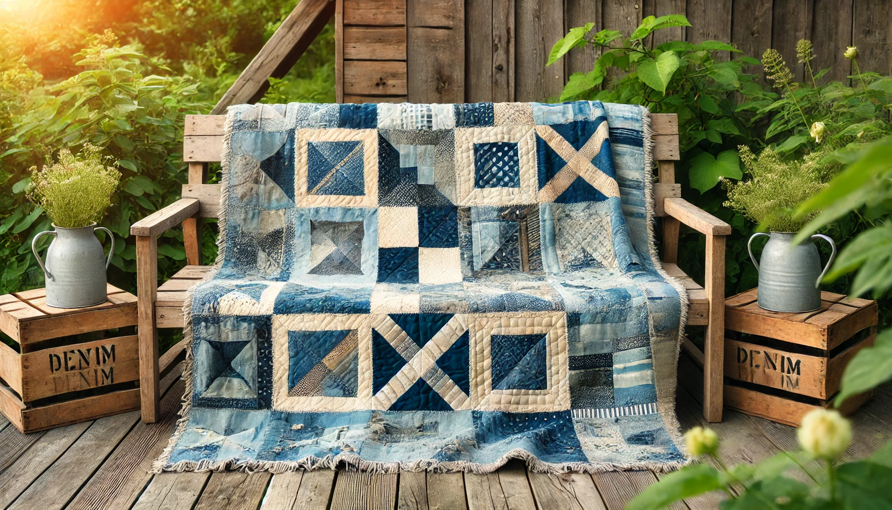 Denim quilt made from repurposed jeans, displayed on a rustic wooden bench outdoors. The quilt features a mix of light and dark denim patches in geometric and patchwork patterns, surrounded by lush greenery, evoking a cozy and sustainable aesthetic.